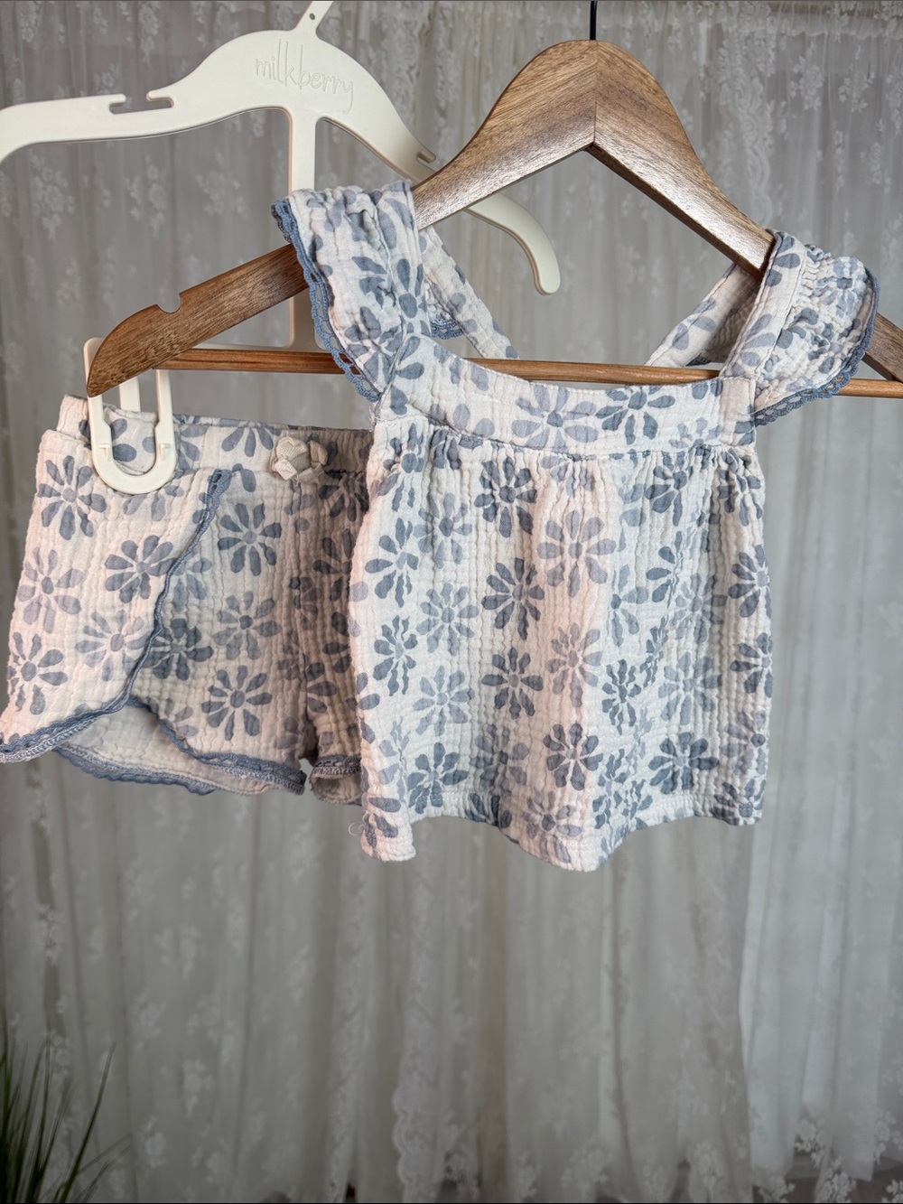 (5for$12) Blue Floral Kids Matching Set/ Rabbit and Bear 100% Organic Cotton